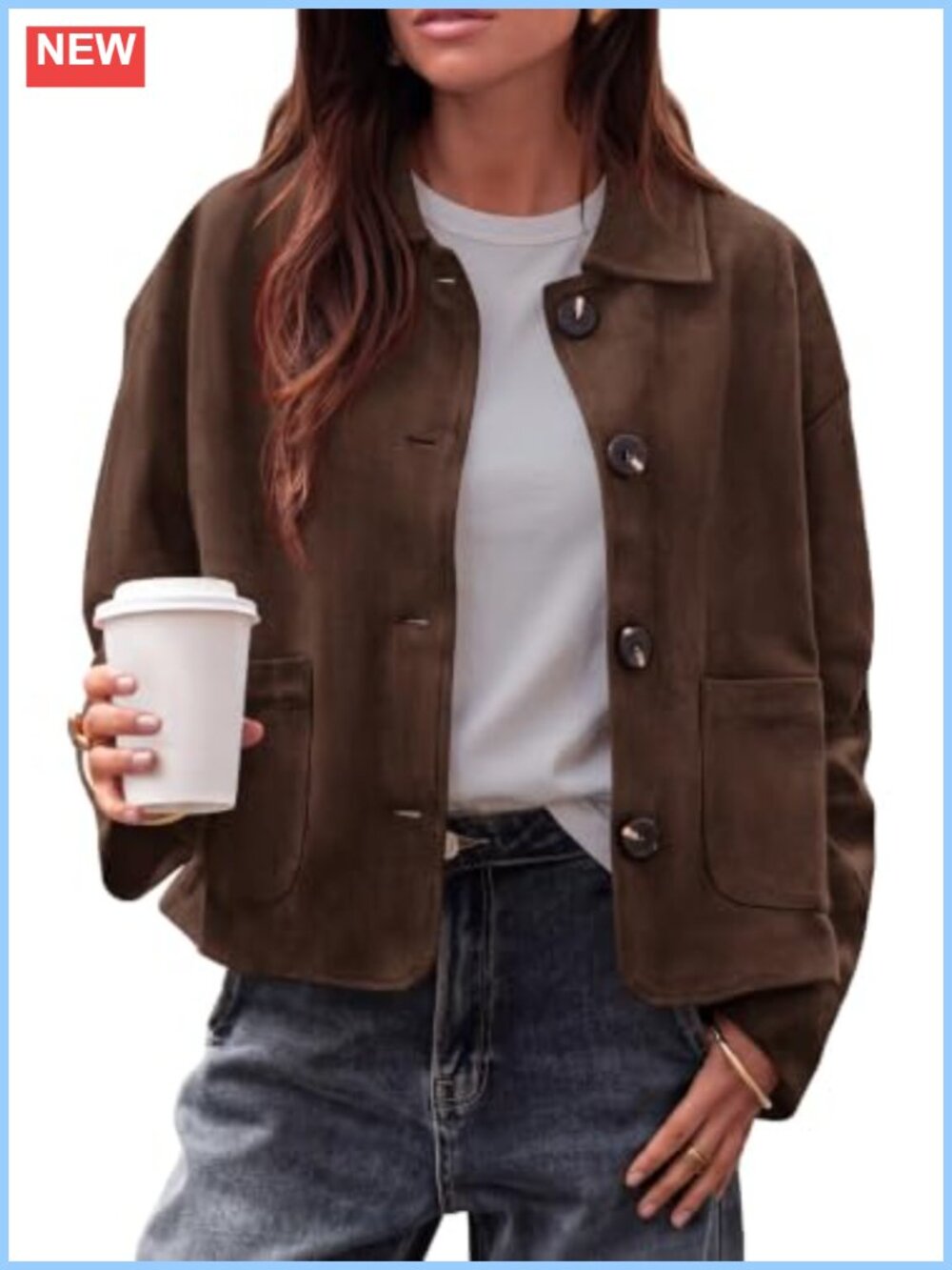 Faux Suede Cropped Jacket Women Casual Fall Coat Button Front